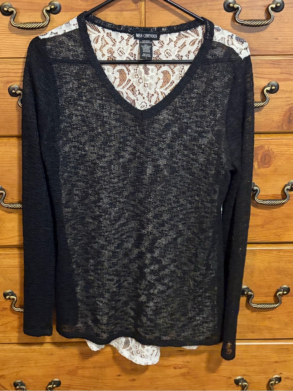 Miss Chievous Black Sheer V-Neck Top with White Lace Back